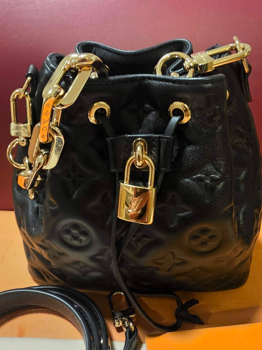 100% Authentic Louis Vuitton BlackCoussin Bucket with original LV feceipt.